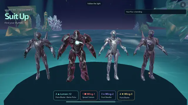 Four pilots in Vanguard suits on the Suit Up screen