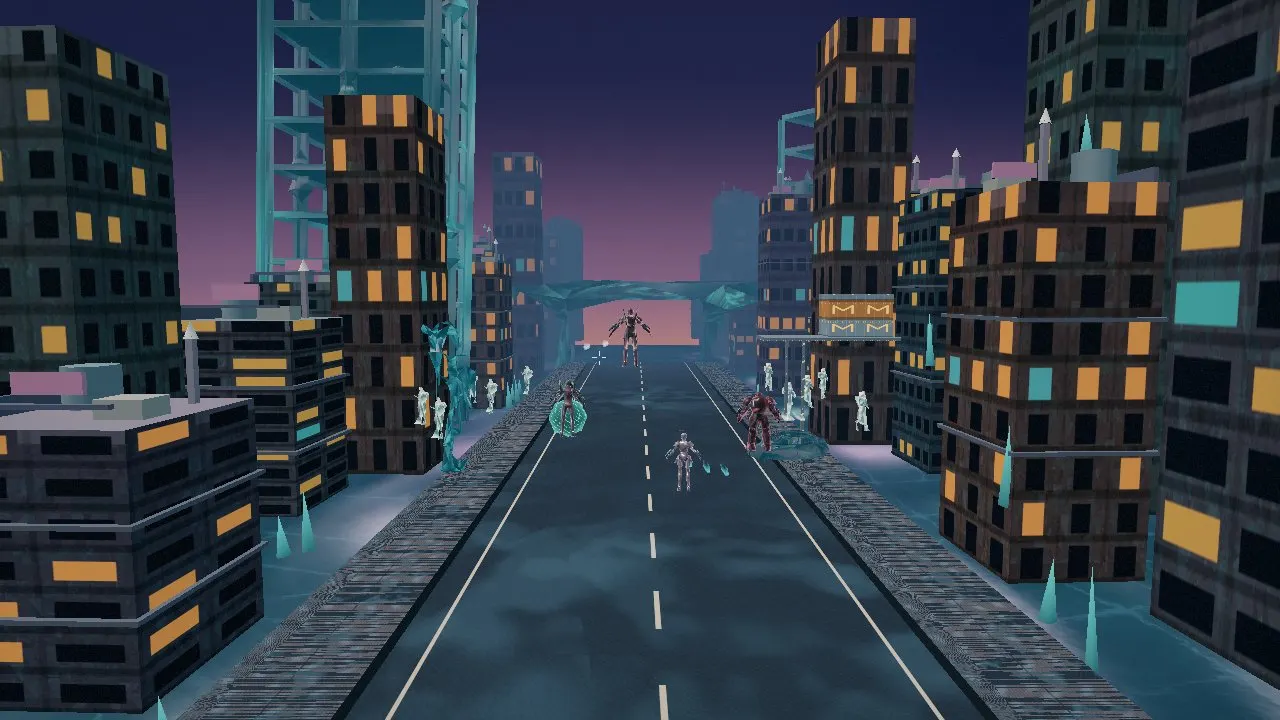 Flying down a neon boulevard in Vesper Bay